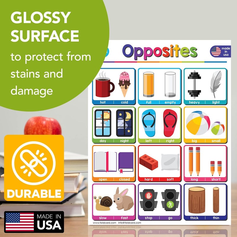FoldCard Opposites Chart for Preschool to Grade 1 Kids – Bright and Colorful Educational Visual/Learning Aid Poster Decoration for Classroom or Home | Glossy Durable Cardstock | 8.5" x 11" | 5 per Pack - Image 3
